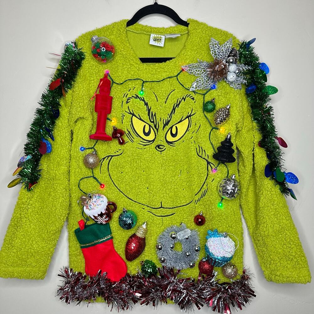 Ugly Christmas Sweater Grinch LIGHTS UP Tinsel Xmas Party Winner Size Small